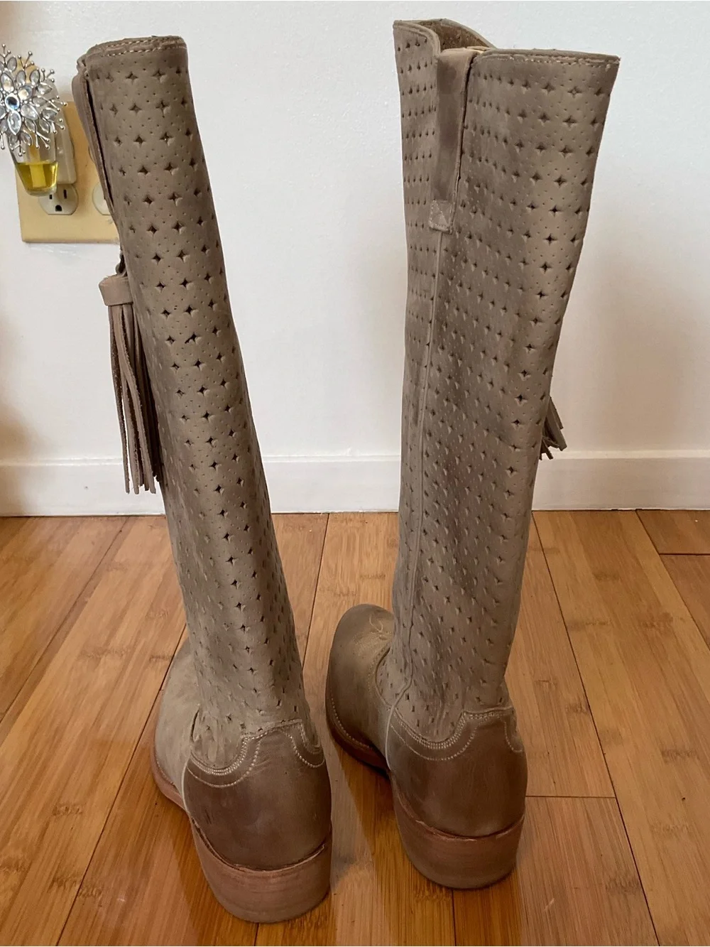 Miss Sixty Taupe Perforated Over-the-Knee Suede Boots with Tassel